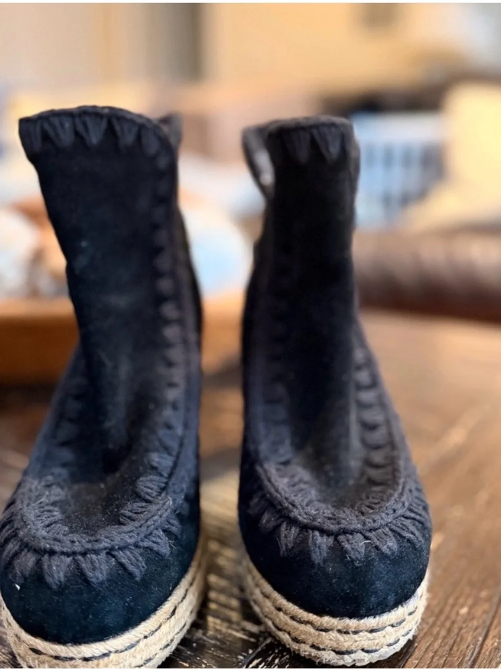 Mou Black Suede Wedge Bootie with Espadrille Rope Sole